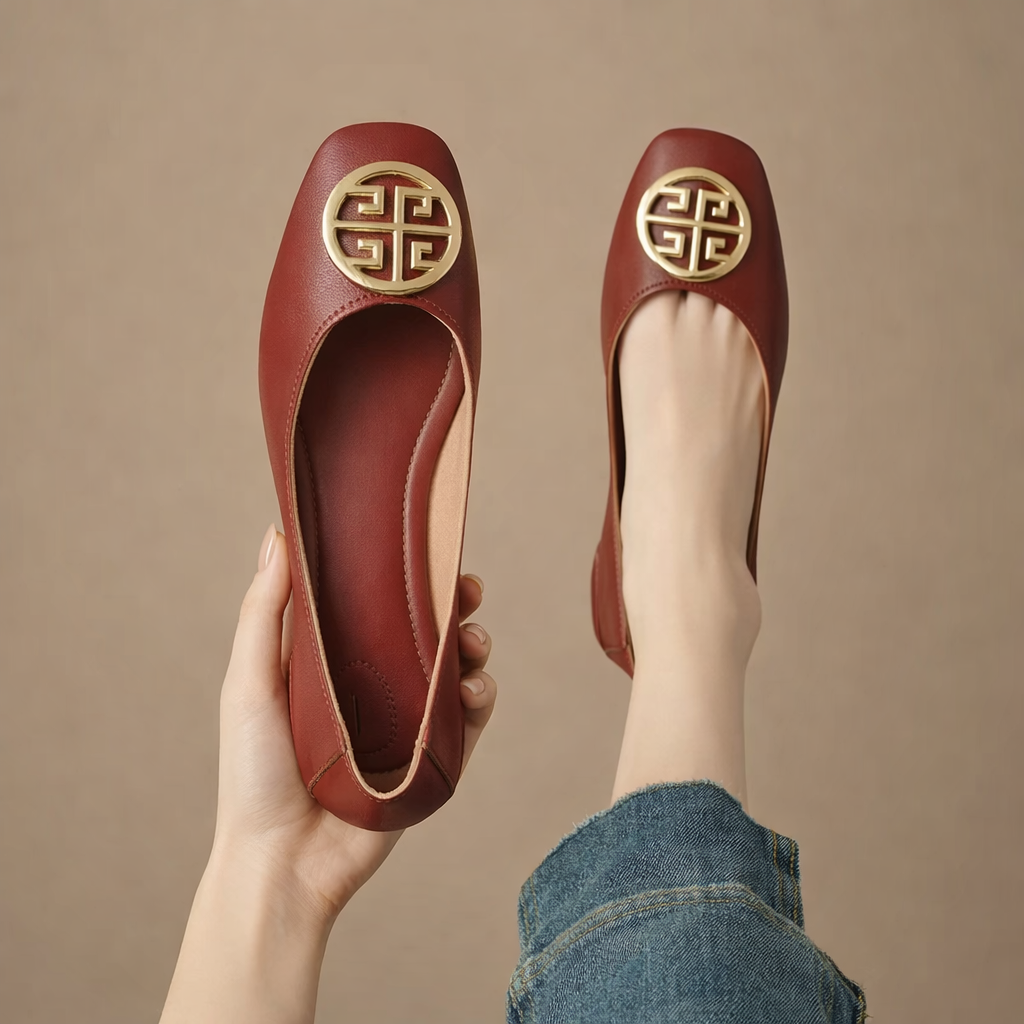 Square Toe Metal Medallion Ballet Flats
