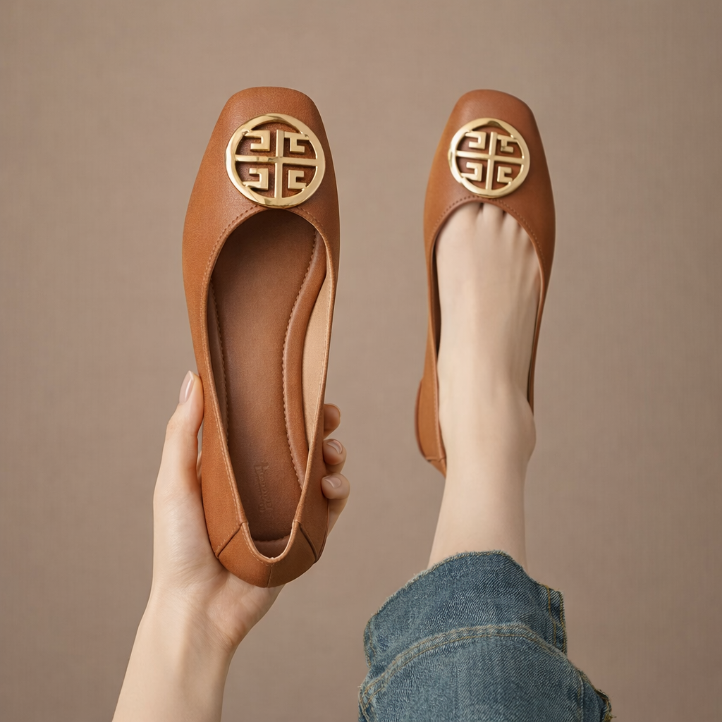 Square Toe Metal Medallion Ballet Flats