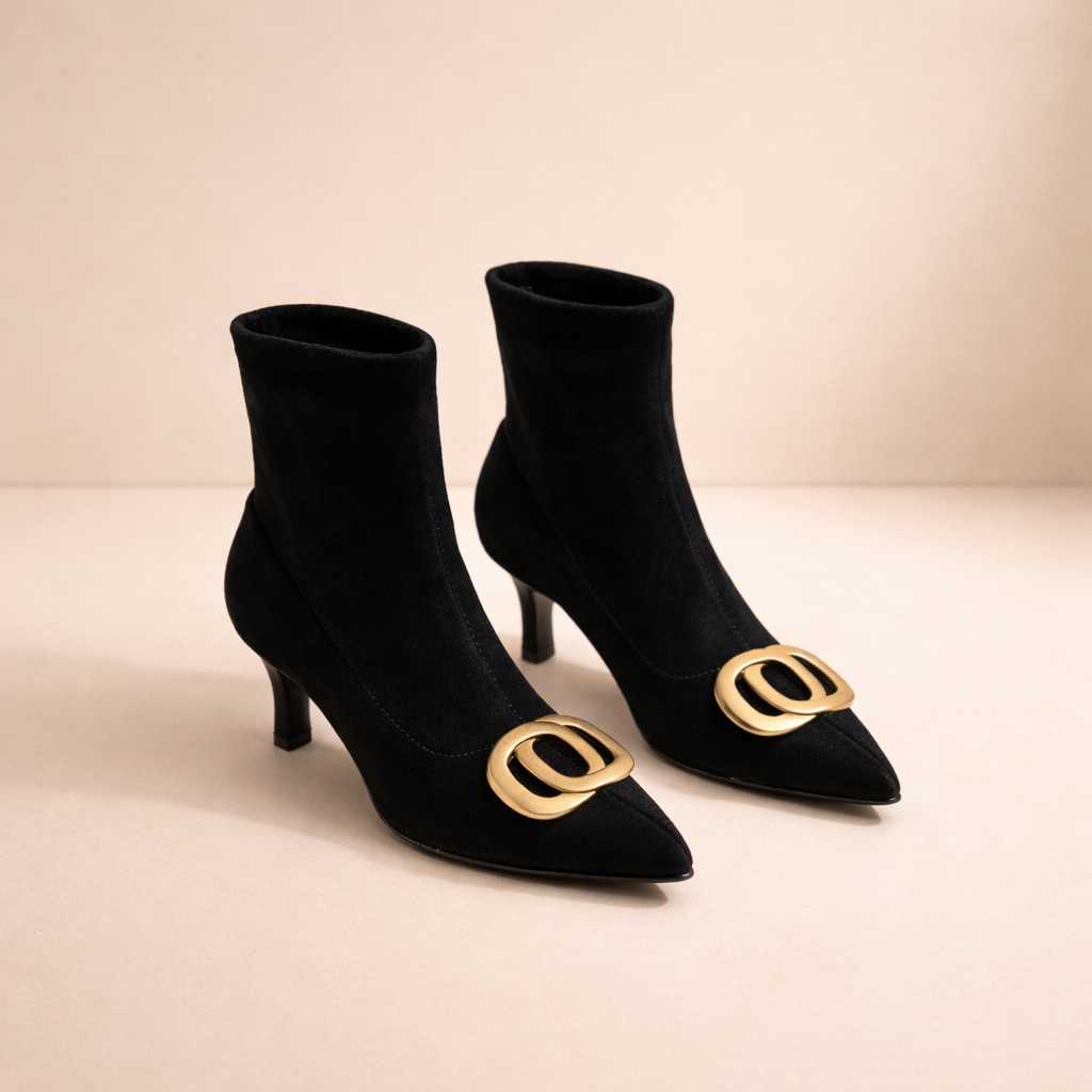 Pointed Toe Metal Buckle Stiletto Heel Sock Ankle Boots