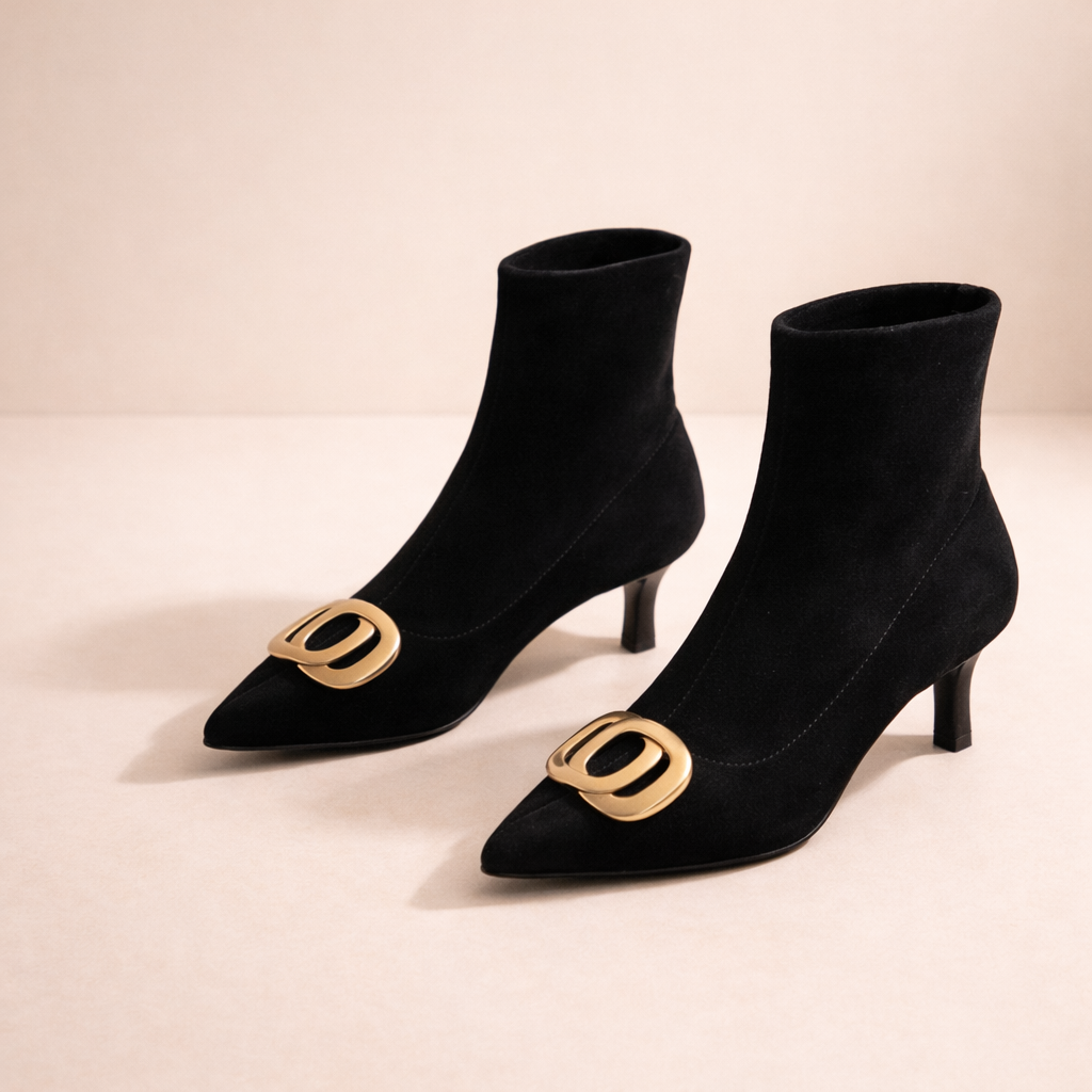 Pointed Toe Metal Buckle Stiletto Heel Sock Ankle Boots