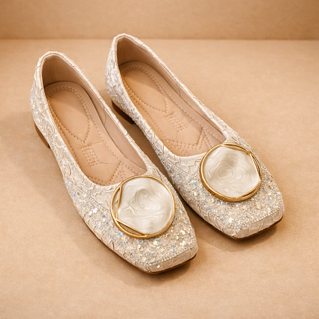 Square Toe Embellished Medallion Brocade Flats