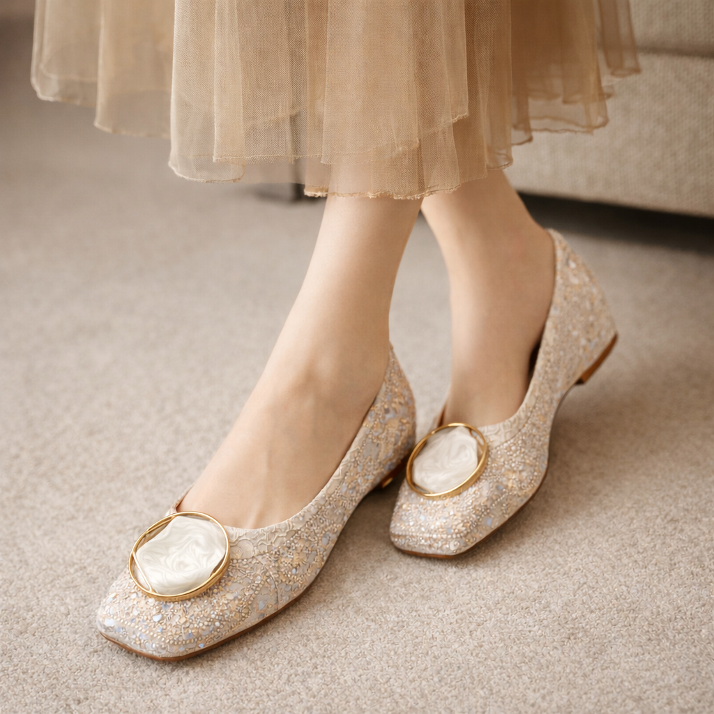 Square Toe Embellished Medallion Brocade Flats