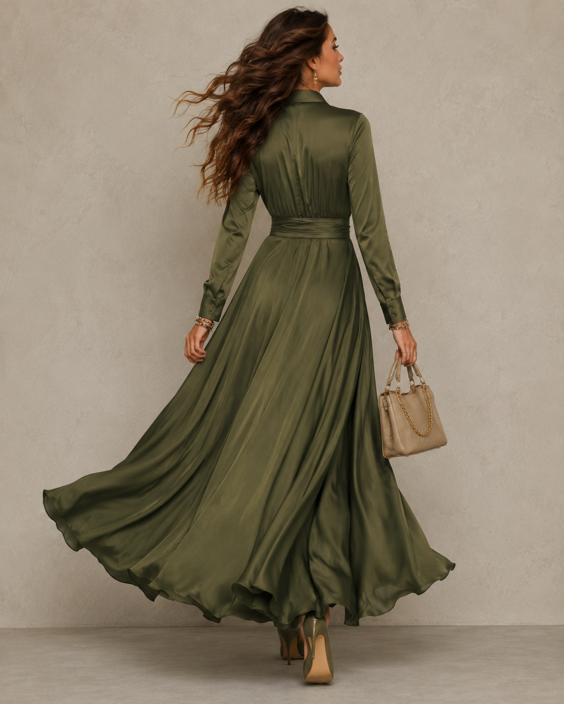 Collared Long Sleeve Ruched Wrap High Split Satin Maxi Dress