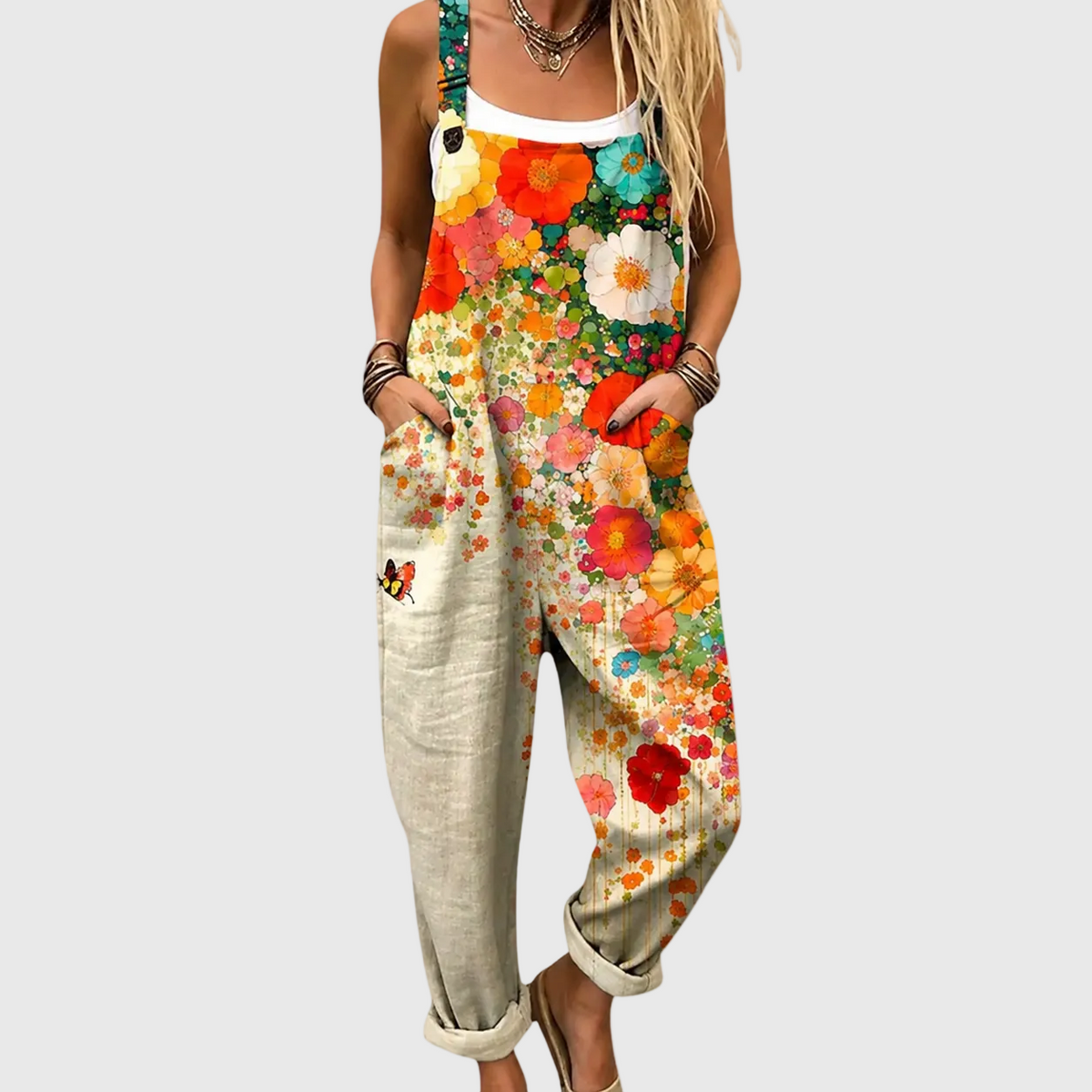 Floral Print Sleeveless Pocket Strap Overall Jumpsuit