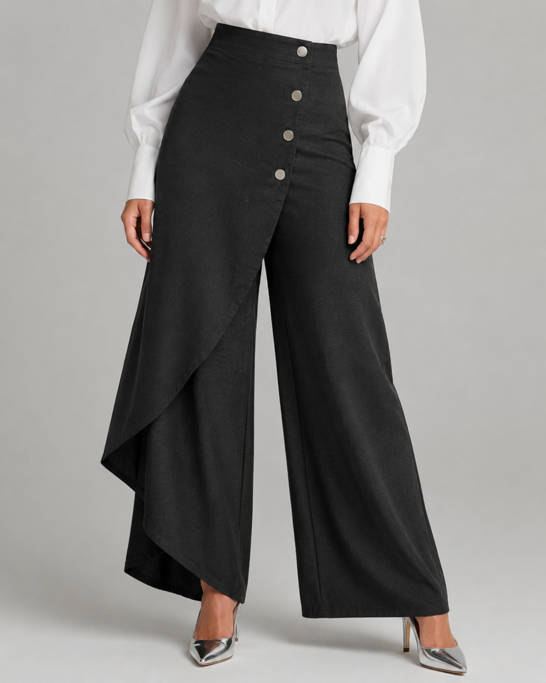 Button Front Wrap Wide Leg Denim Trousers