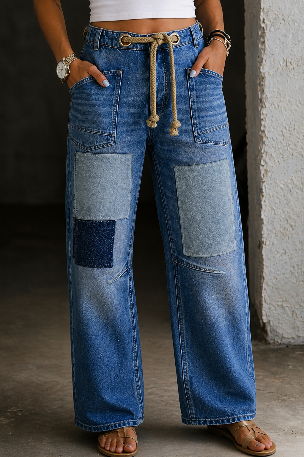 High Waist Drawstring Patchwork Wide Leg Jeans
