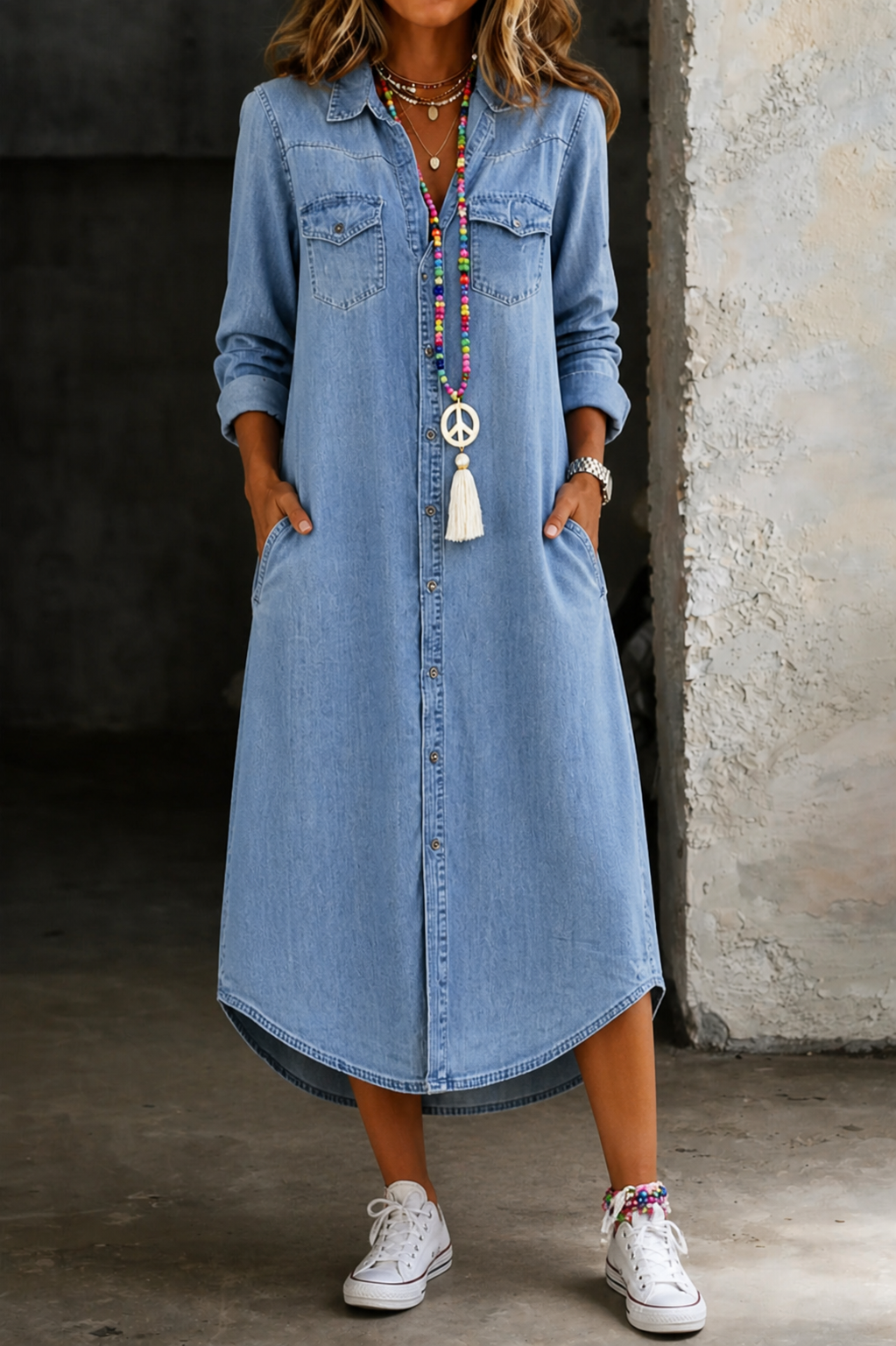 Button Front Collared Long Sleeve Denim Midi Shirt Dress