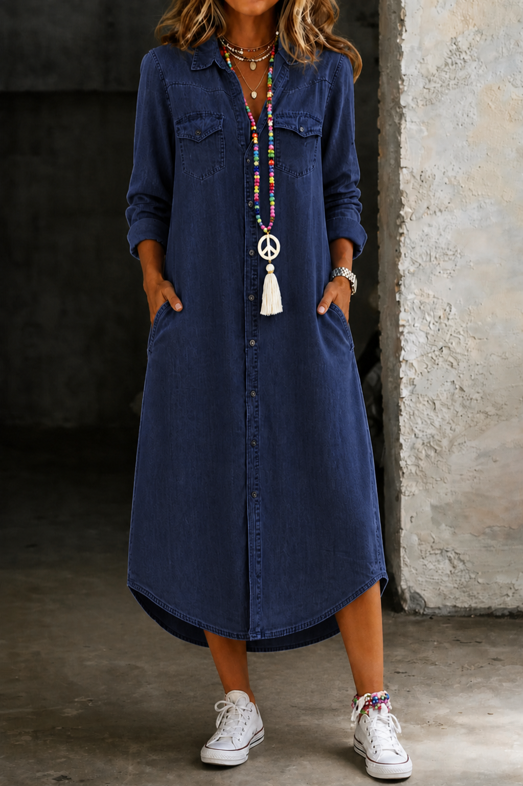 Button Front Collared Long Sleeve Denim Midi Shirt Dress