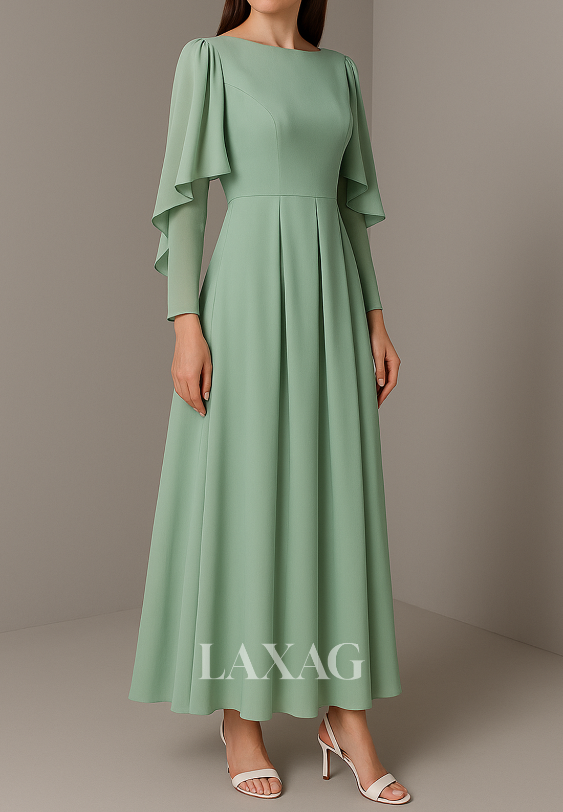 Scoop-Neck Long-Sleeves A-Line Evening Dress Ankle-Length Pleated Chiffon Formal Gowns