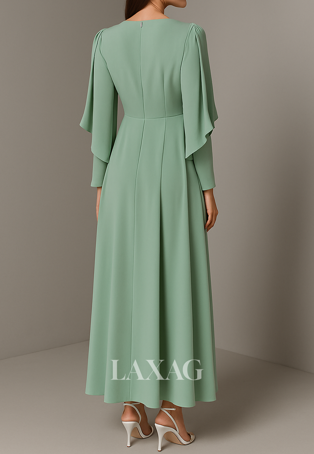 Scoop-Neck Long-Sleeves A-Line Evening Dress Ankle-Length Pleated Chiffon Formal Gowns