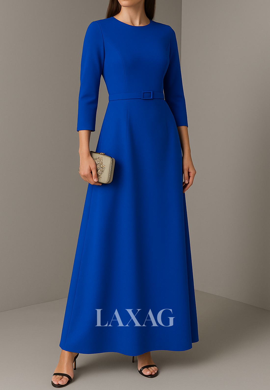 Simple Scoop-Neck 3/4-Sleeves A-Line Evening Dress Ankle-Length Satin Formal Gowns
