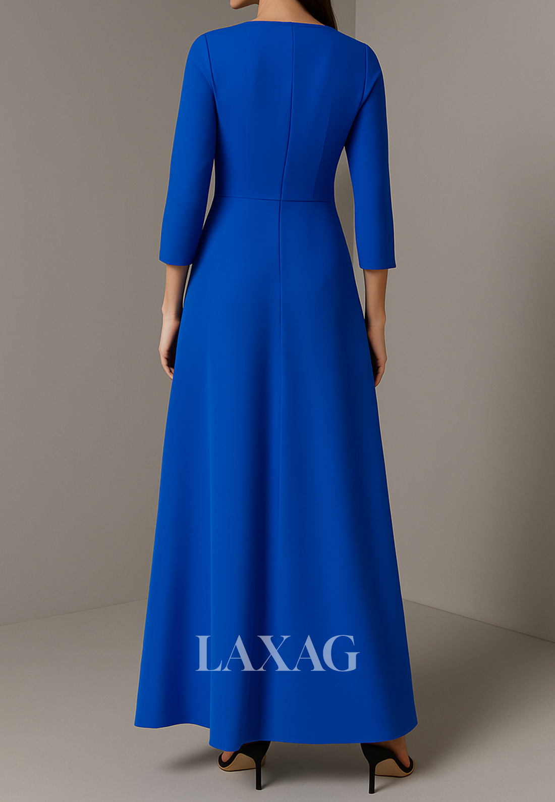 Simple Scoop-Neck 3/4-Sleeves A-Line Evening Dress Ankle-Length Satin Formal Gowns