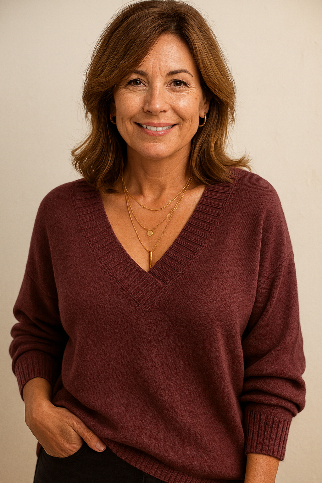 Deep V-Neck Ribbed Trim Drop Shoulder Sweater