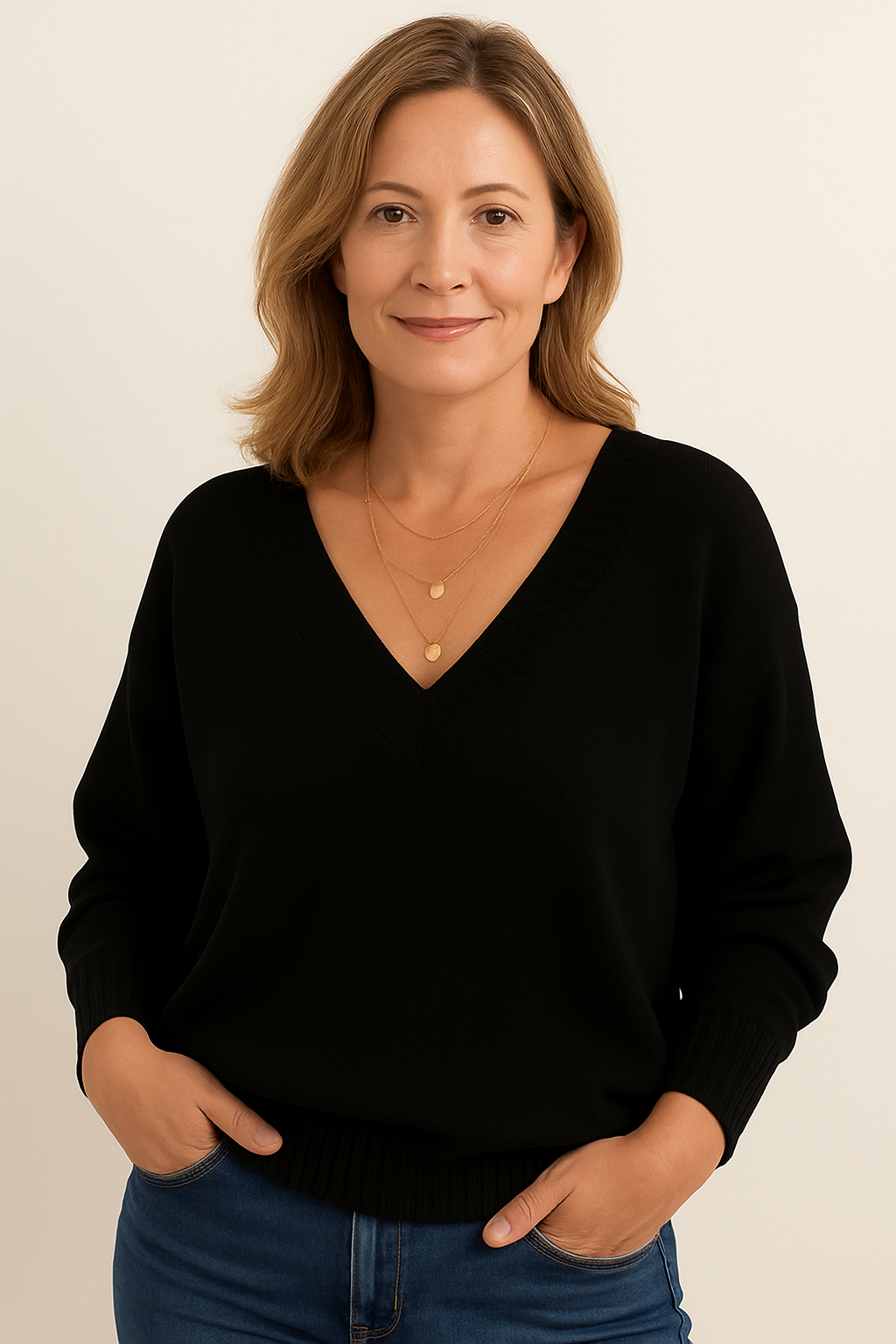 Deep V-Neck Ribbed Trim Drop Shoulder Sweater