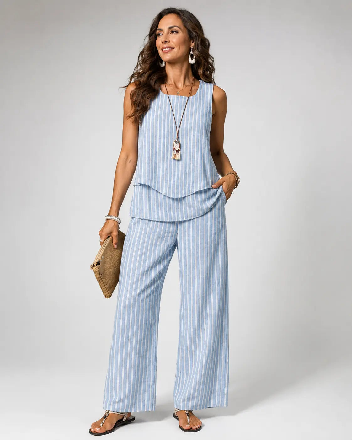 Striped Sleeveless Top and Wide Leg Pants Two Piece Set
