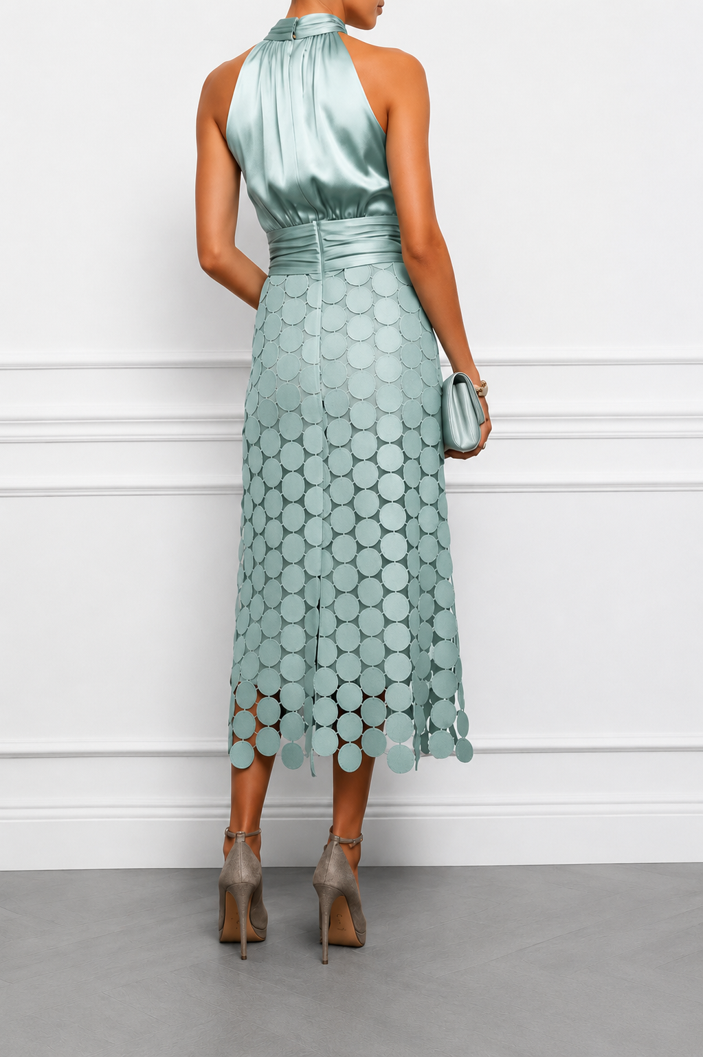 Halter Neck Sleeveless Laser Cut Disc Midi Dress