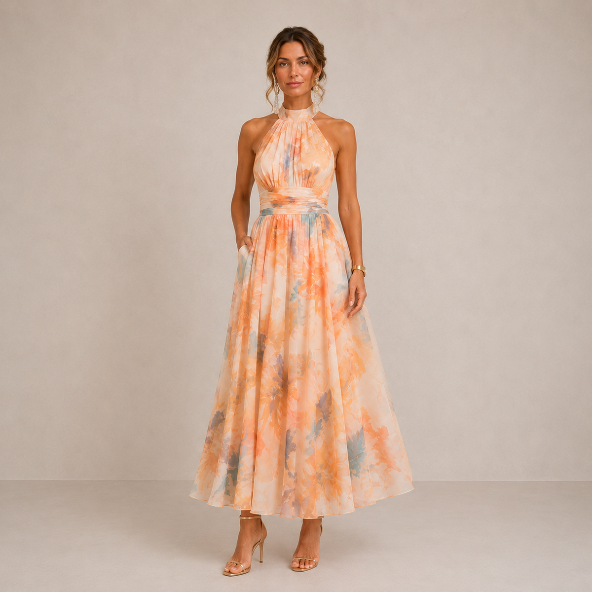 Floral Print Halter Neck Ruched Waist Pocket A-Line Maxi Dress