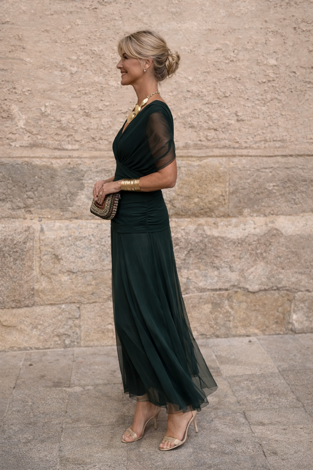 Chiffon V-Neck Batwing Sleeve Ruched Waist Maxi Gown 2