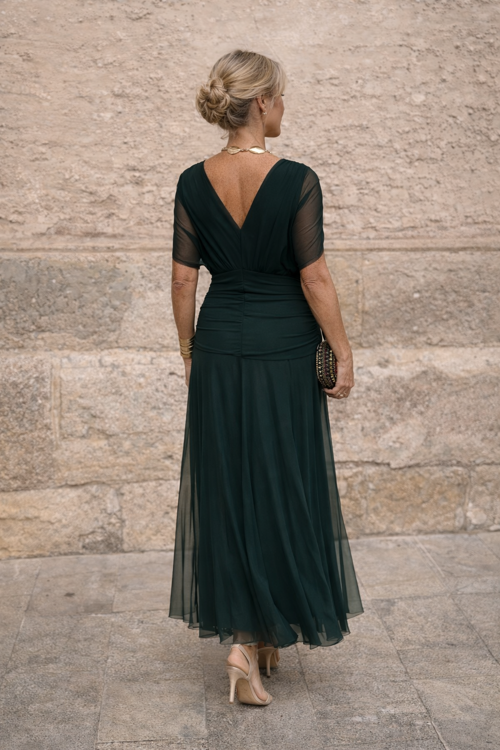 Chiffon V-Neck Batwing Sleeve Ruched Waist Maxi Gown 3