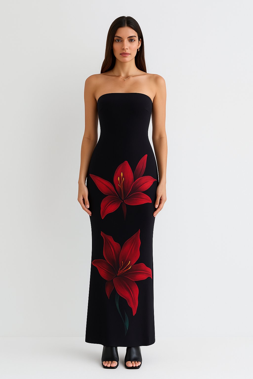 Strapless Floral Print Bodycon Maxi Dress