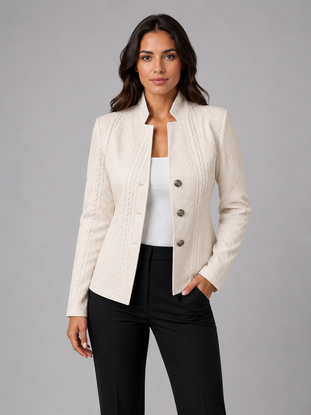 Cable Textured Button Front Tailored Blazer