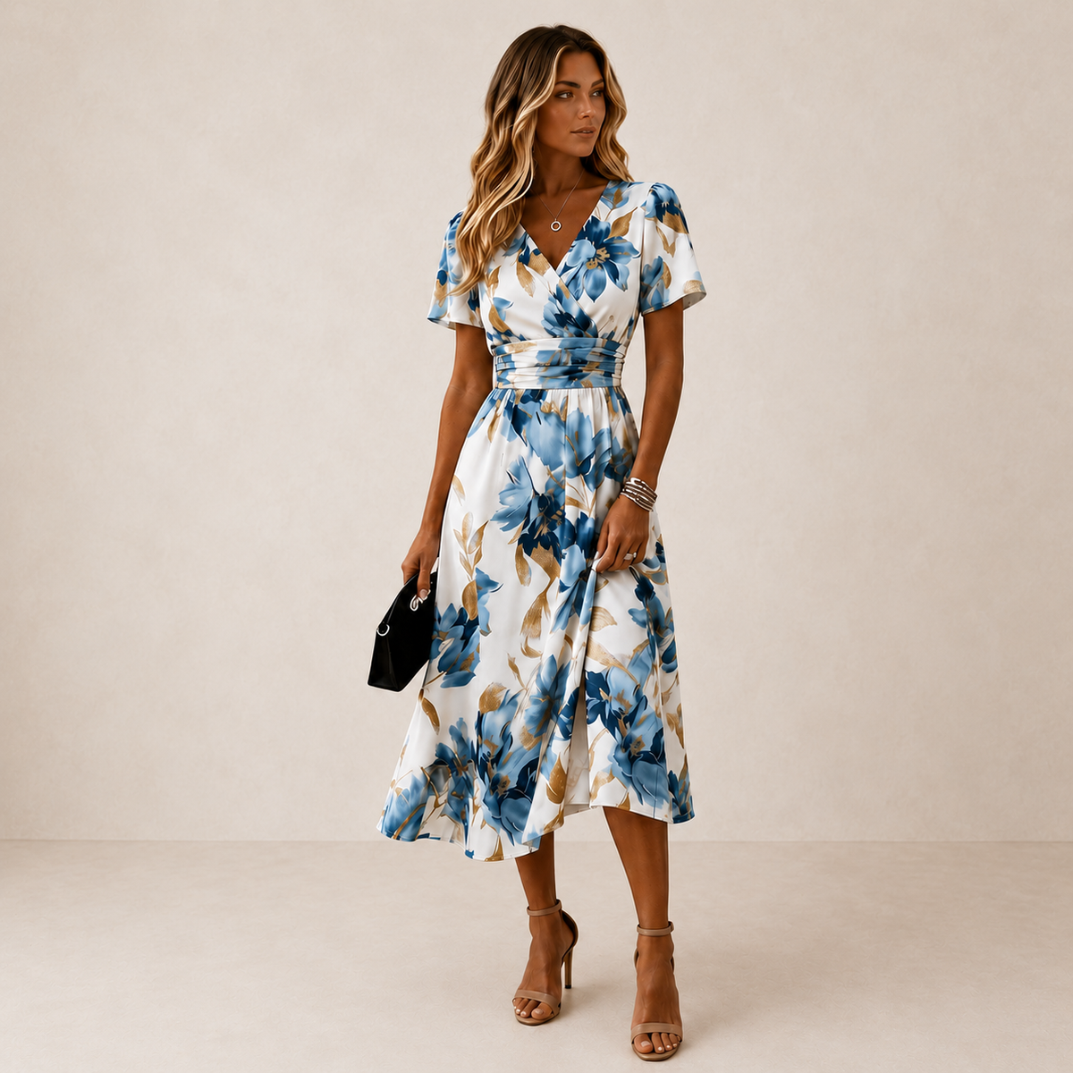 Floral V-Neck Flutter Sleeve Ruched Waist Midi Dress