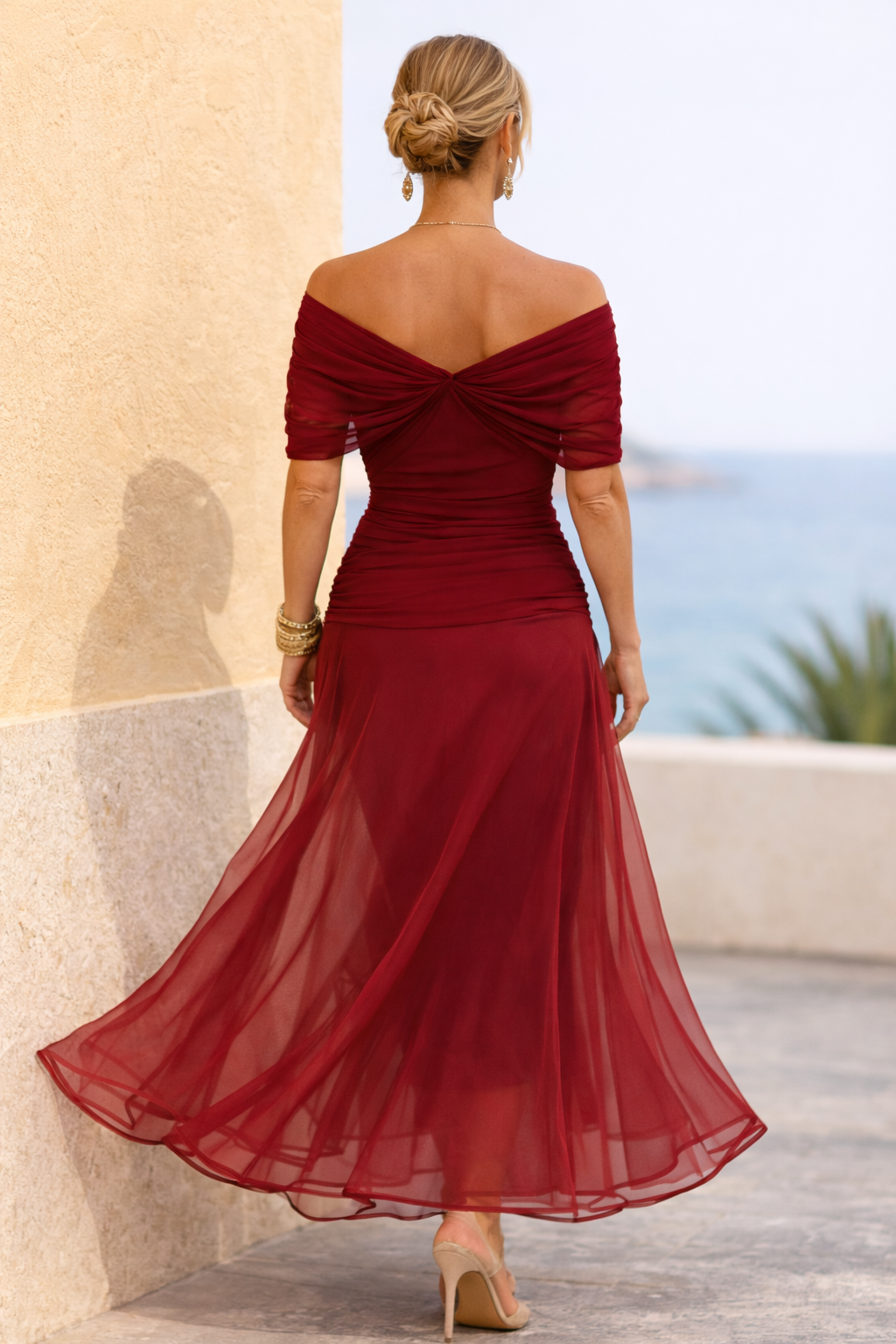 Chiffon V-Neck Batwing Sleeve Ruched Waist Maxi Gown 15