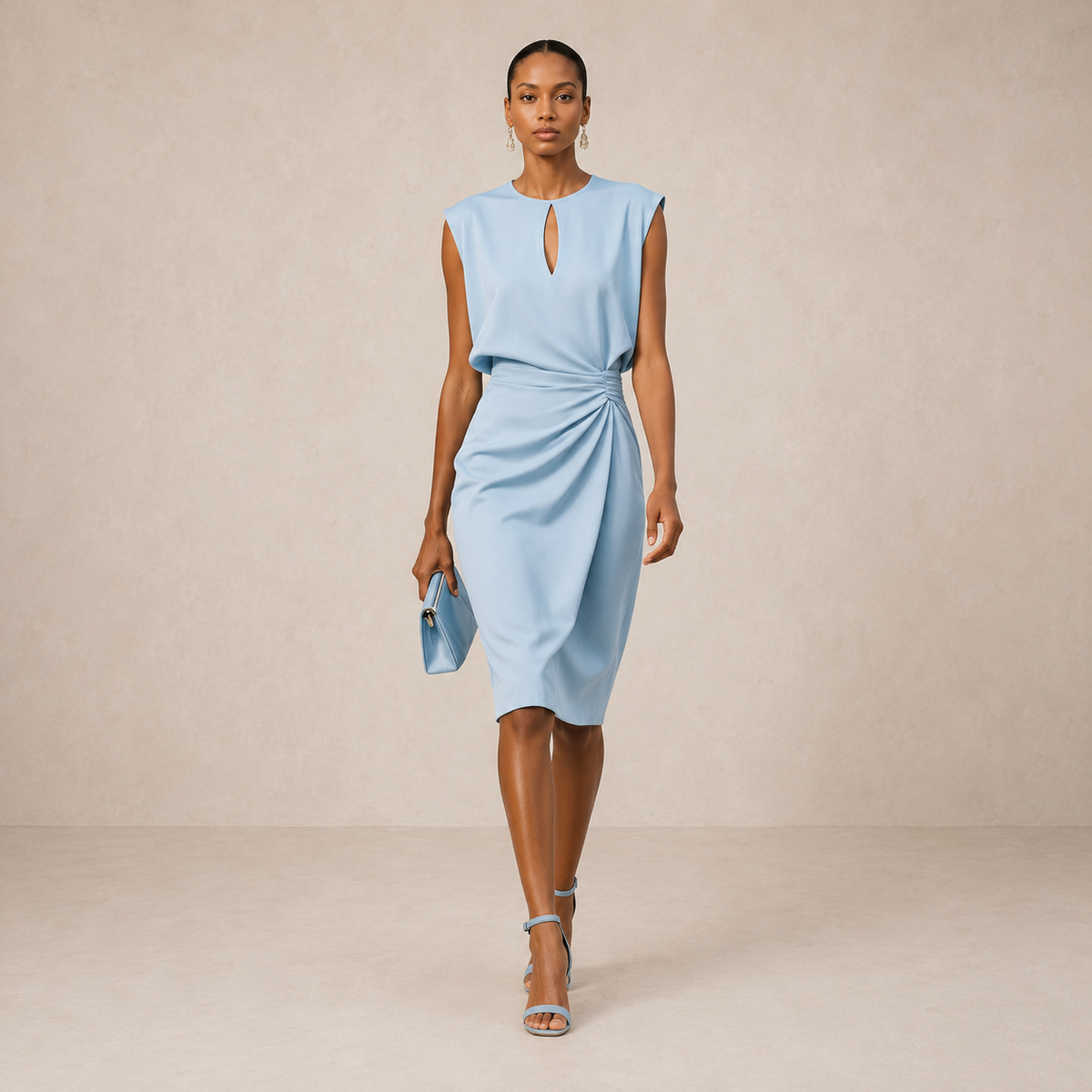Keyhole Neck Sleeveless Ruched Wrap Midi Dress