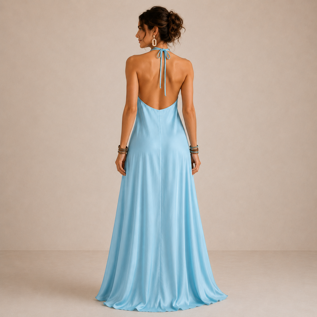 Satin Halter Neck Sleeveless Flowy A-Line Maxi Dress