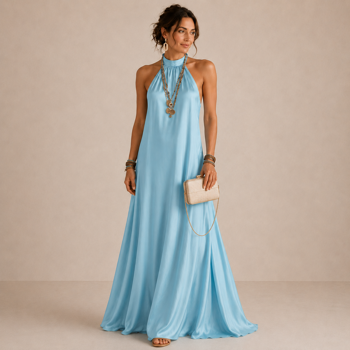 Satin Halter Neck Sleeveless Flowy A-Line Maxi Dress