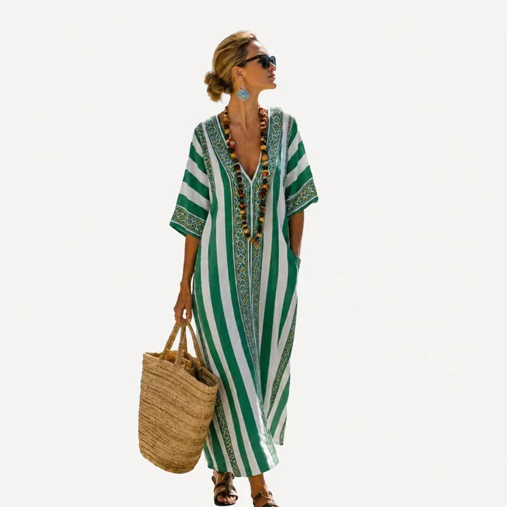 Striped V-Neck Kaftan Maxi Beach Cover Up