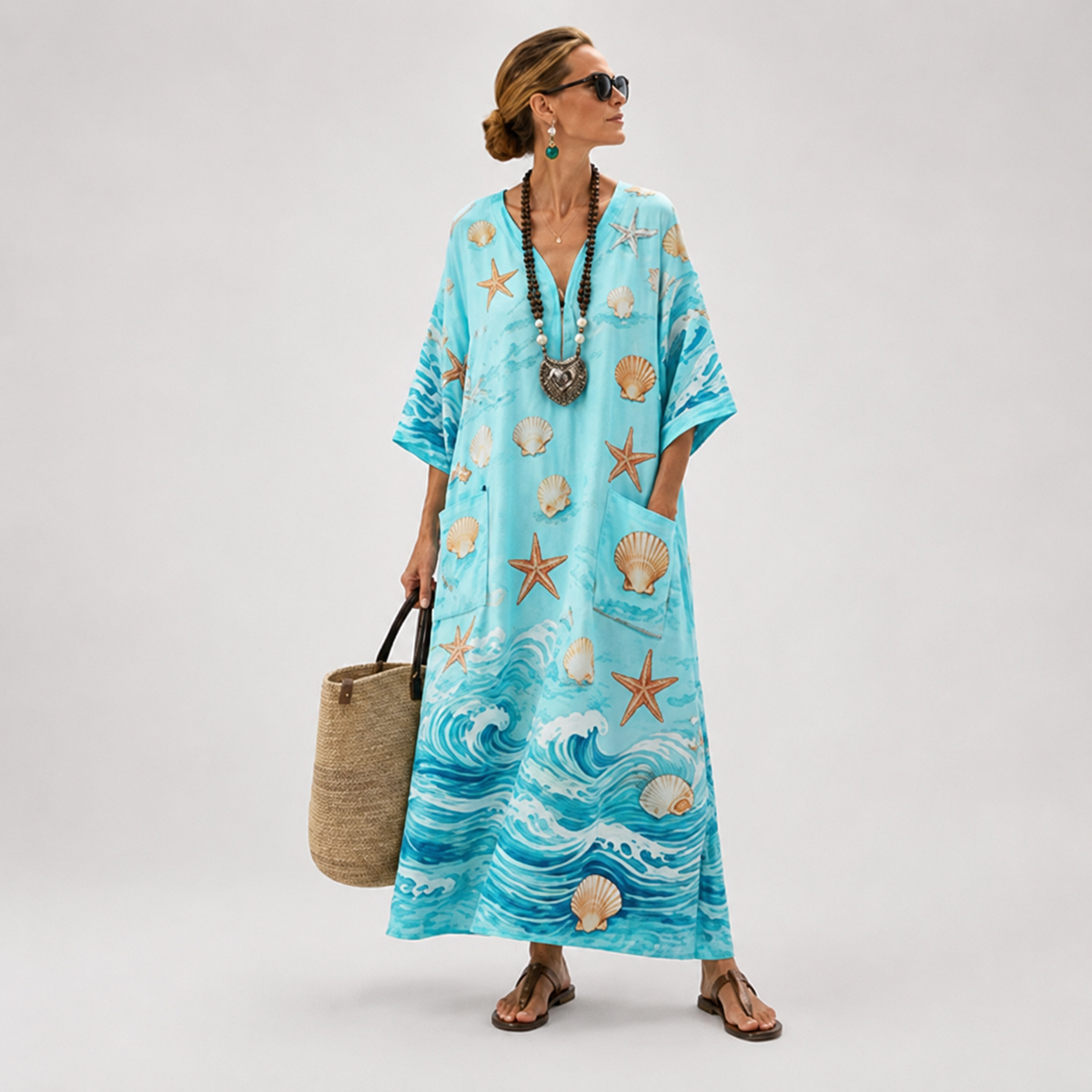 Seashell Print V-Neck Kaftan Maxi Beach Cover Up
