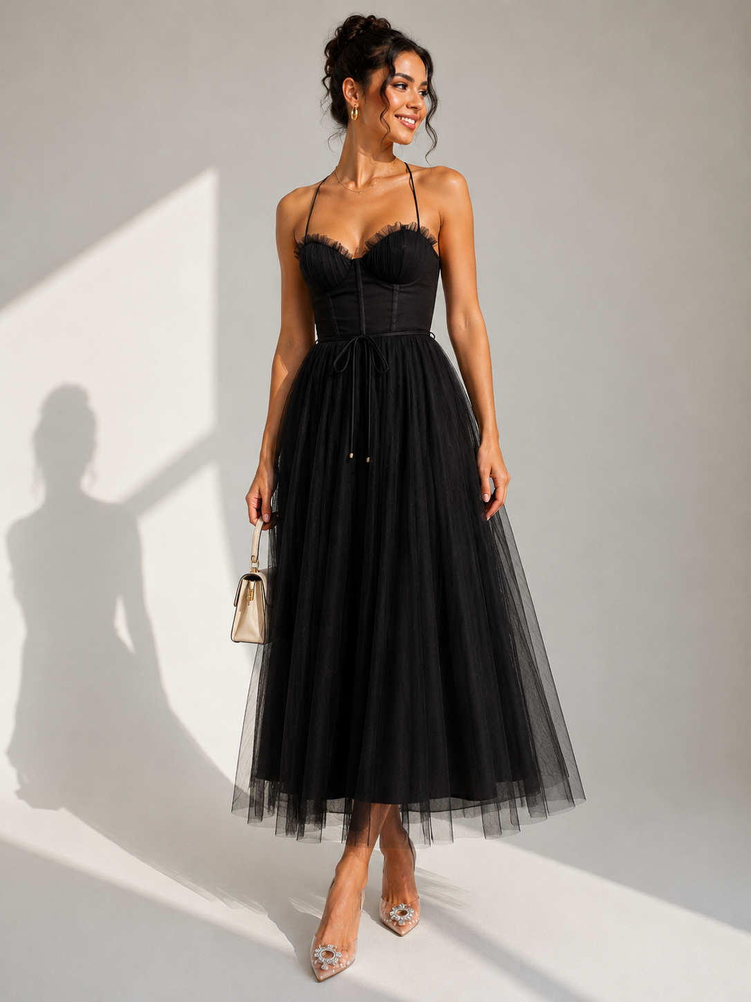 Tulle Sweetheart Neck Corset Bodice Midi Dress Prom