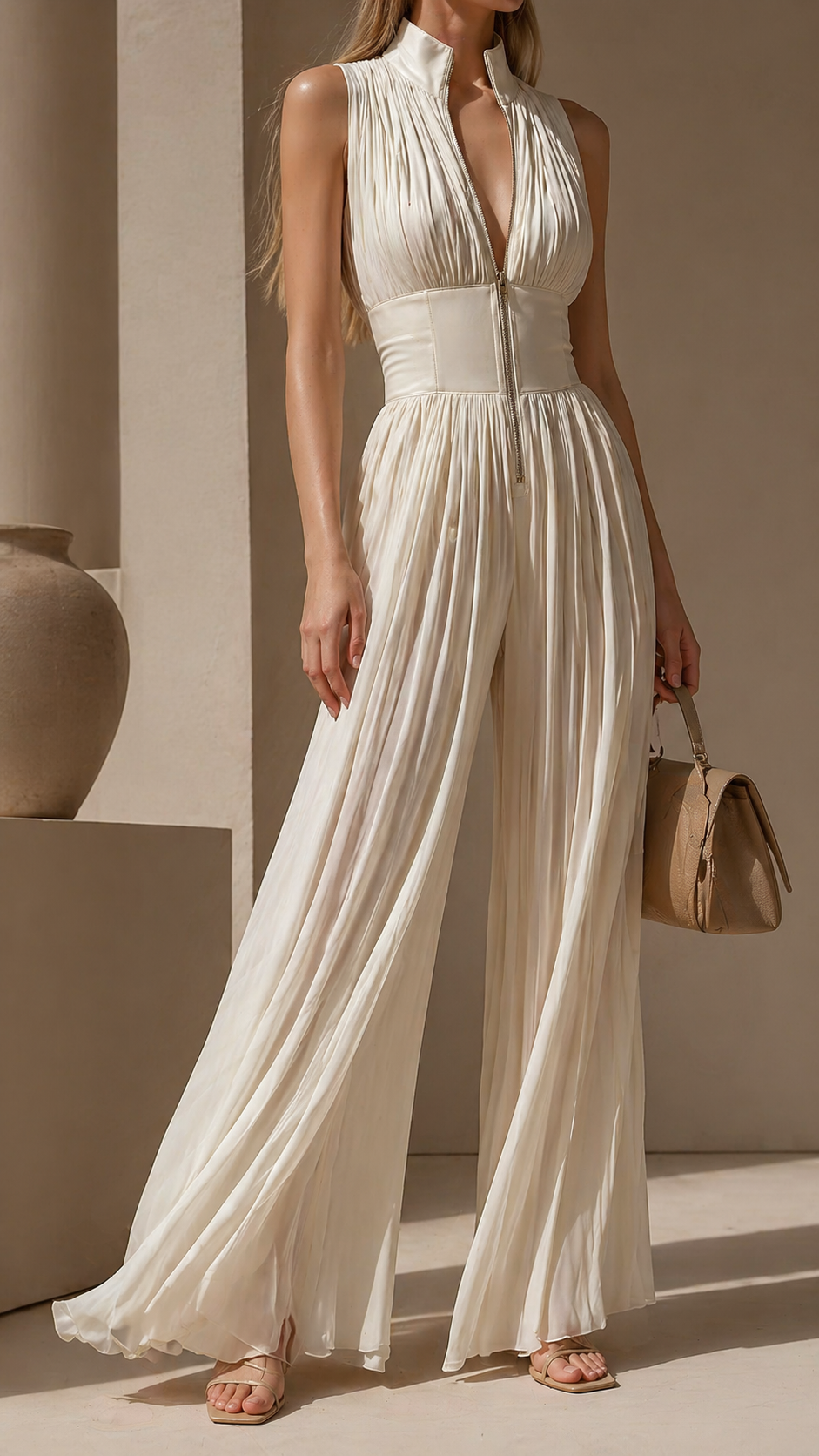Satin Pleated High Neck Zip Front Wide Leg Jumpsuit