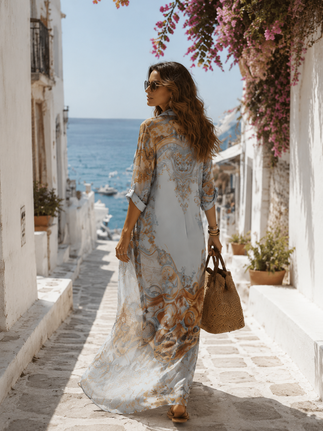 Baroque Print Long Sleeve Maxi Shirt Dress