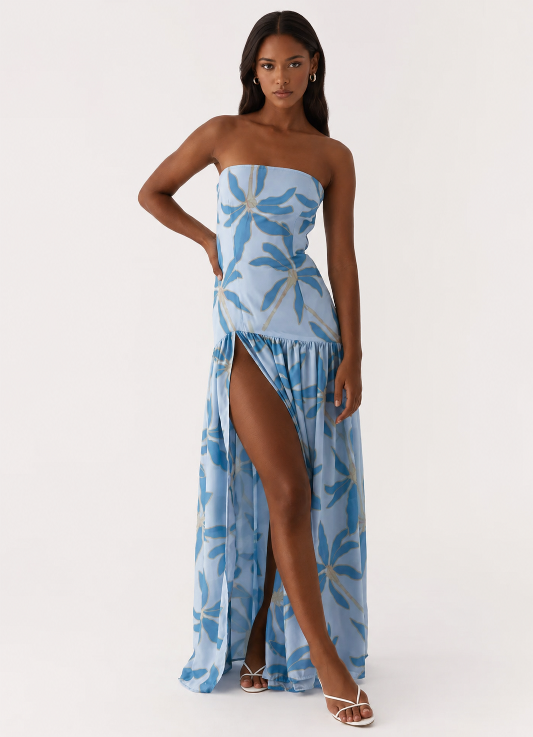 Floral Strapless High Split Chiffon Maxi Dress 2