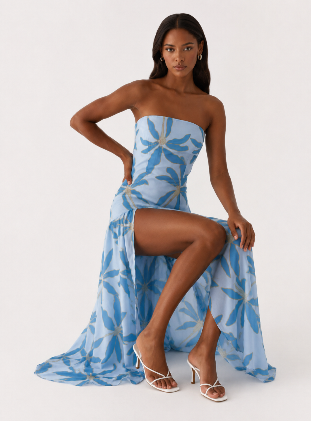Floral Strapless High Split Chiffon Maxi Dress 3