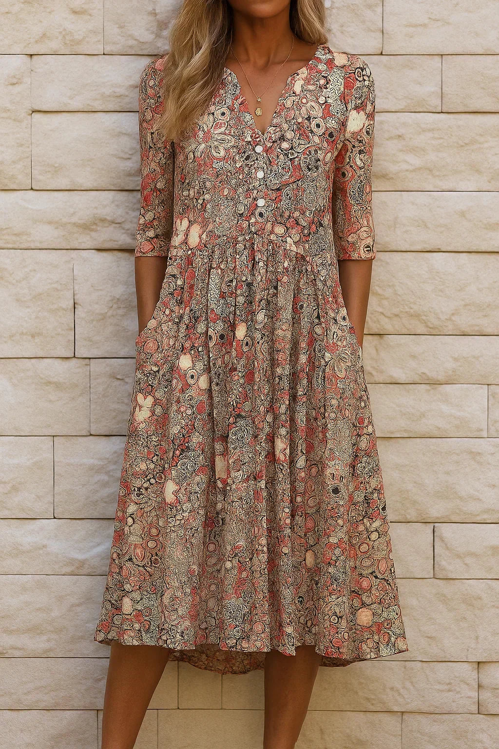 Floral Print V-Neck Button Front Pocket Midi Dress