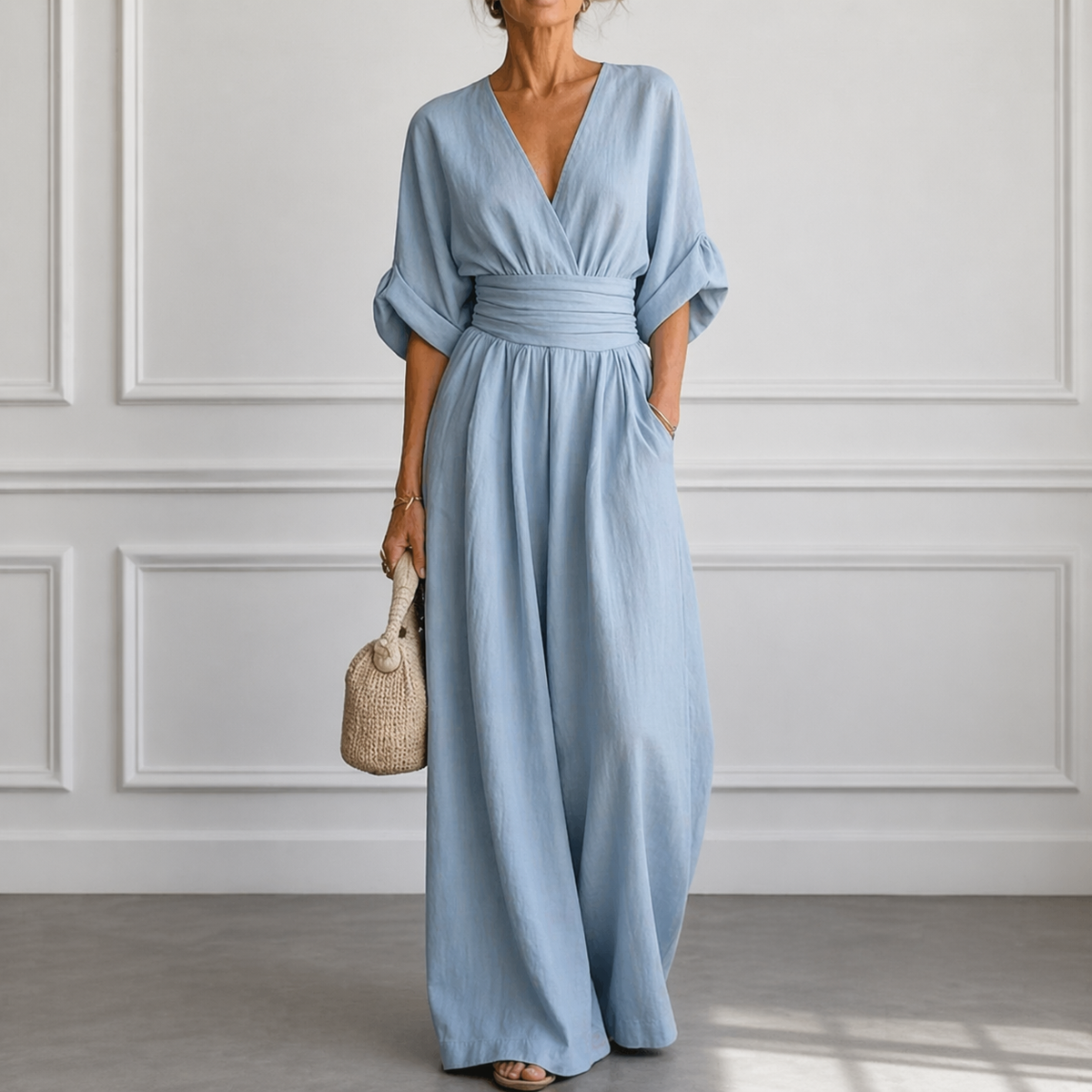 Wrap V-Neck Half Sleeve Belted Wide Leg Jumpsuit