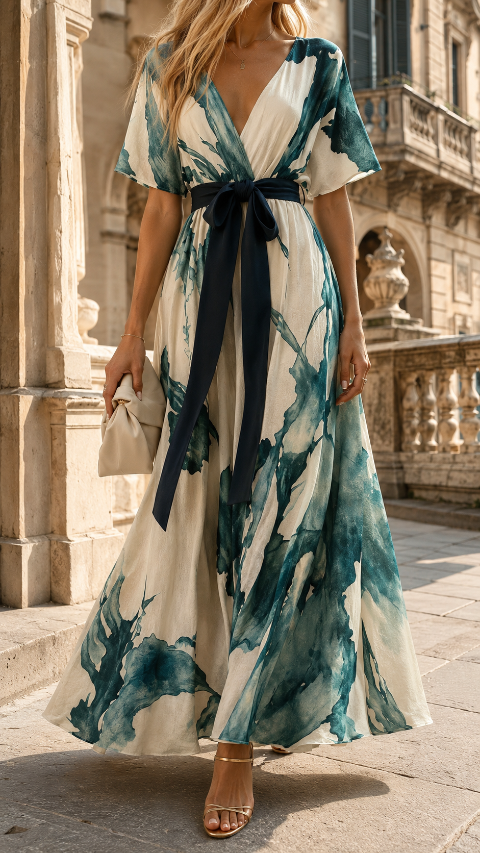 Watercolor Print V-Neck Flutter Sleeve Tie Waist Maxi Dress