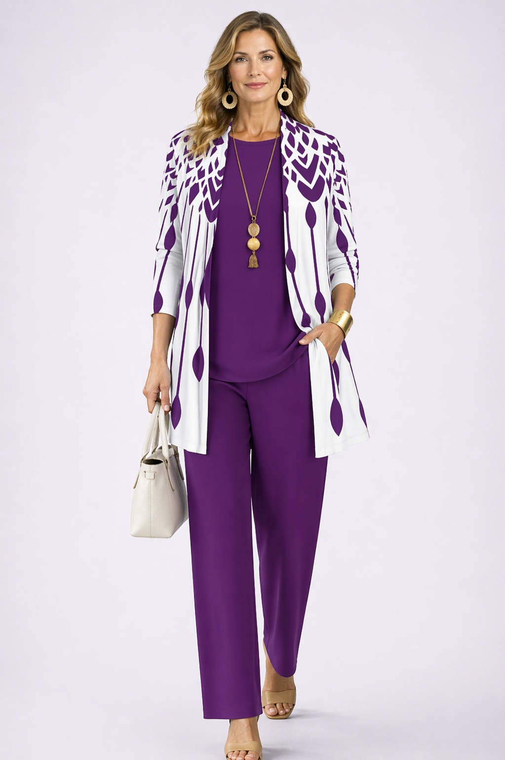 Geometric Print Jacket Sleeveless Top and Pants Three Piece Set