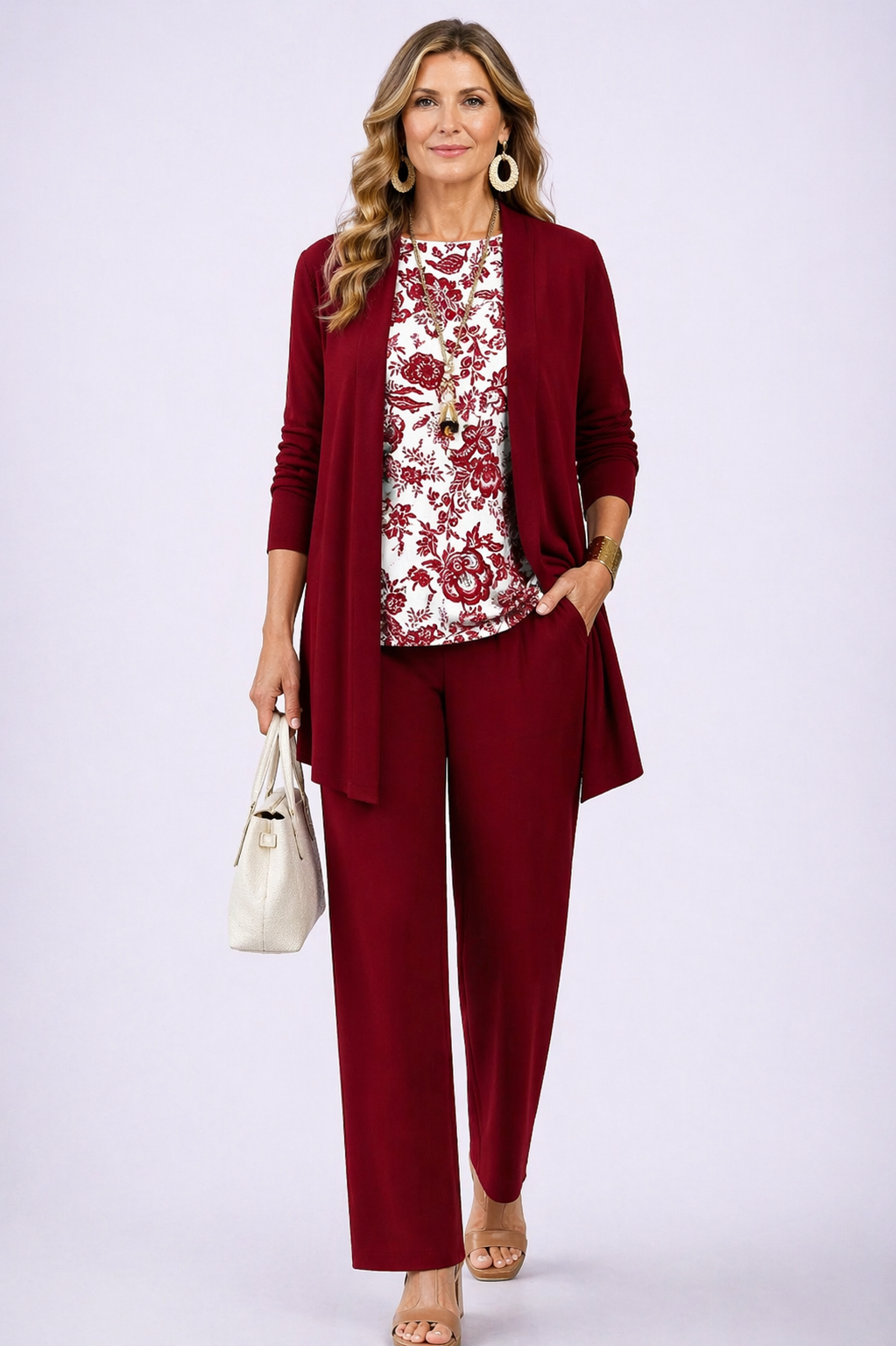 Open Front Cardigan Floral Tank and Straight Pants Three Piece Set