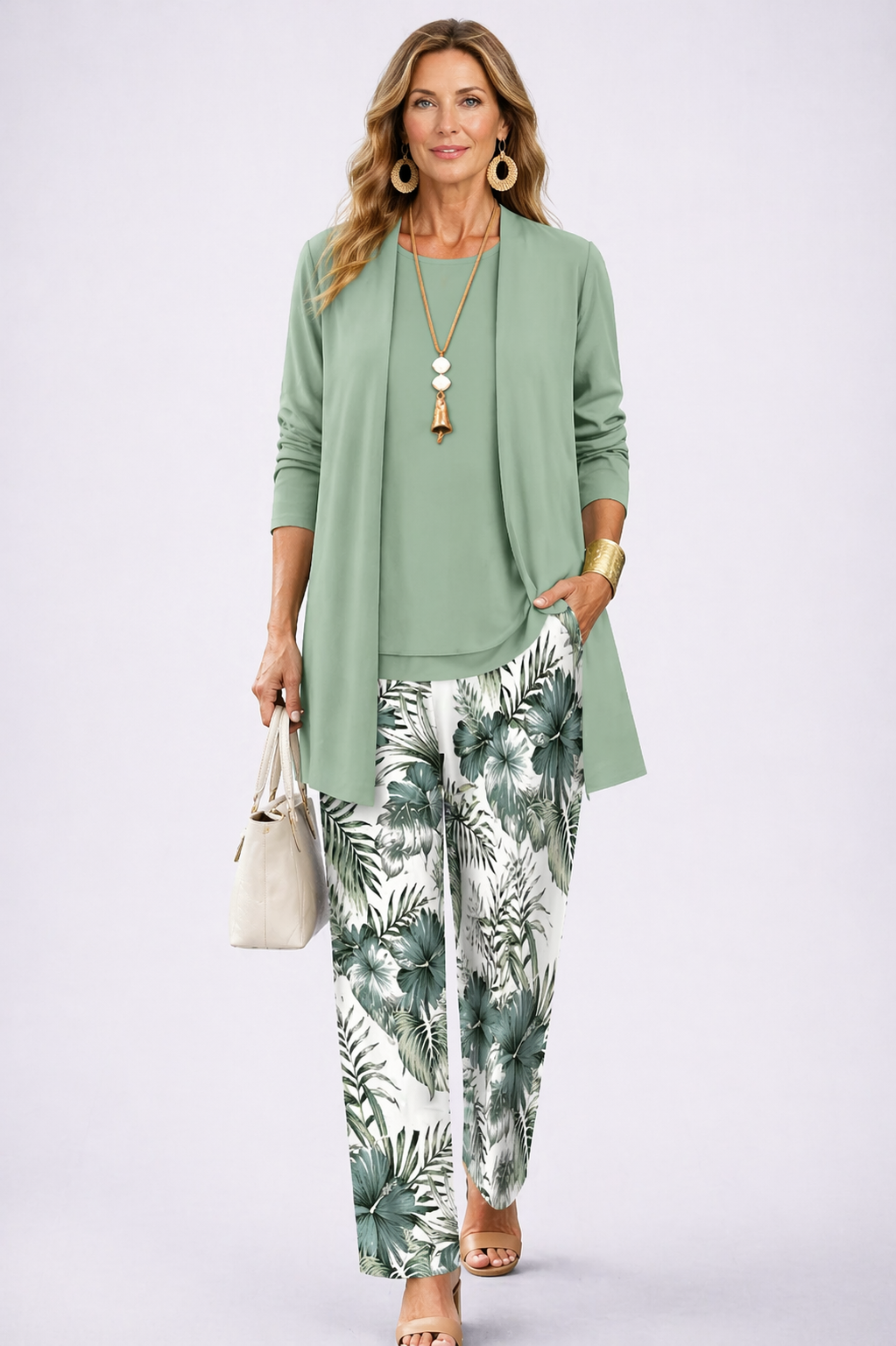 Open Front Cardigan Tank and Tropical Print Pants Three Piece Set