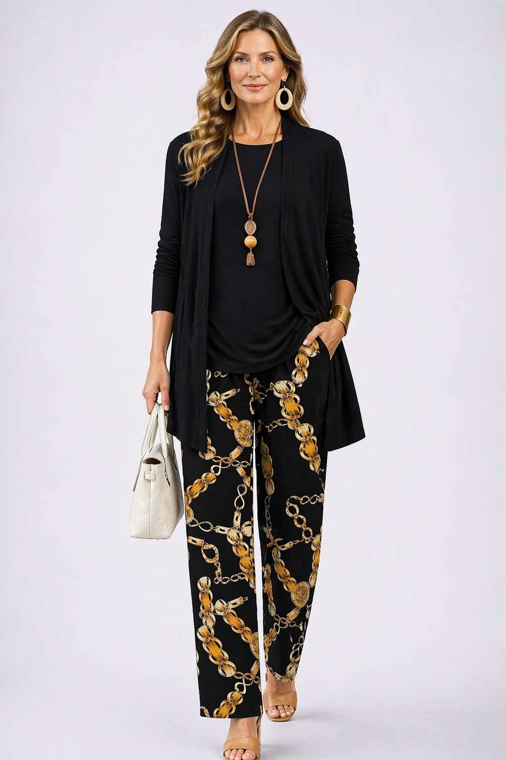Open Front Cardigan Tank and Chain Print Pants Three Piece Set