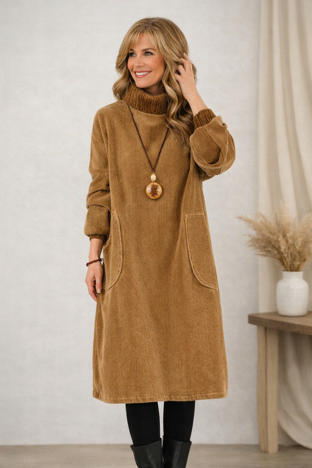 Turtleneck Long Sleeve Corduroy Pocket Midi Dress 2