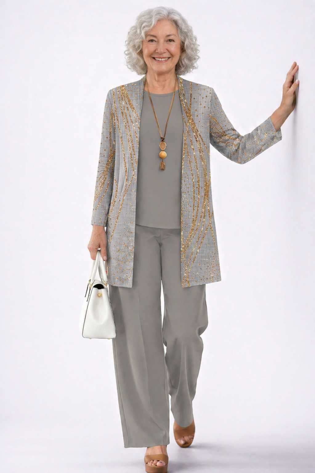 Sequin Embellished Longline Cardigan Tank and Pants Three Piece Set