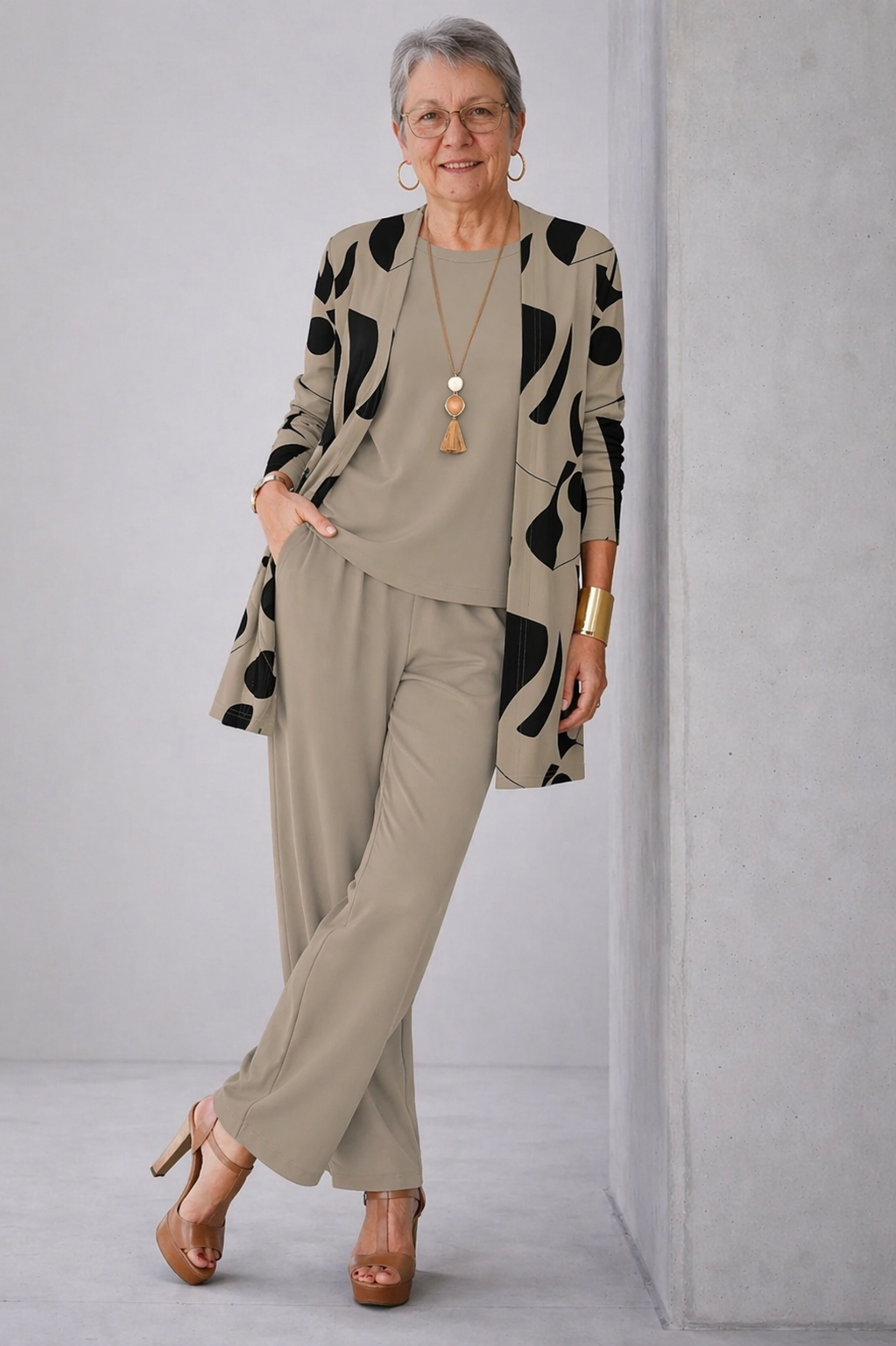 Geometric Print Longline Cardigan Tank and Pants Three Piece Set