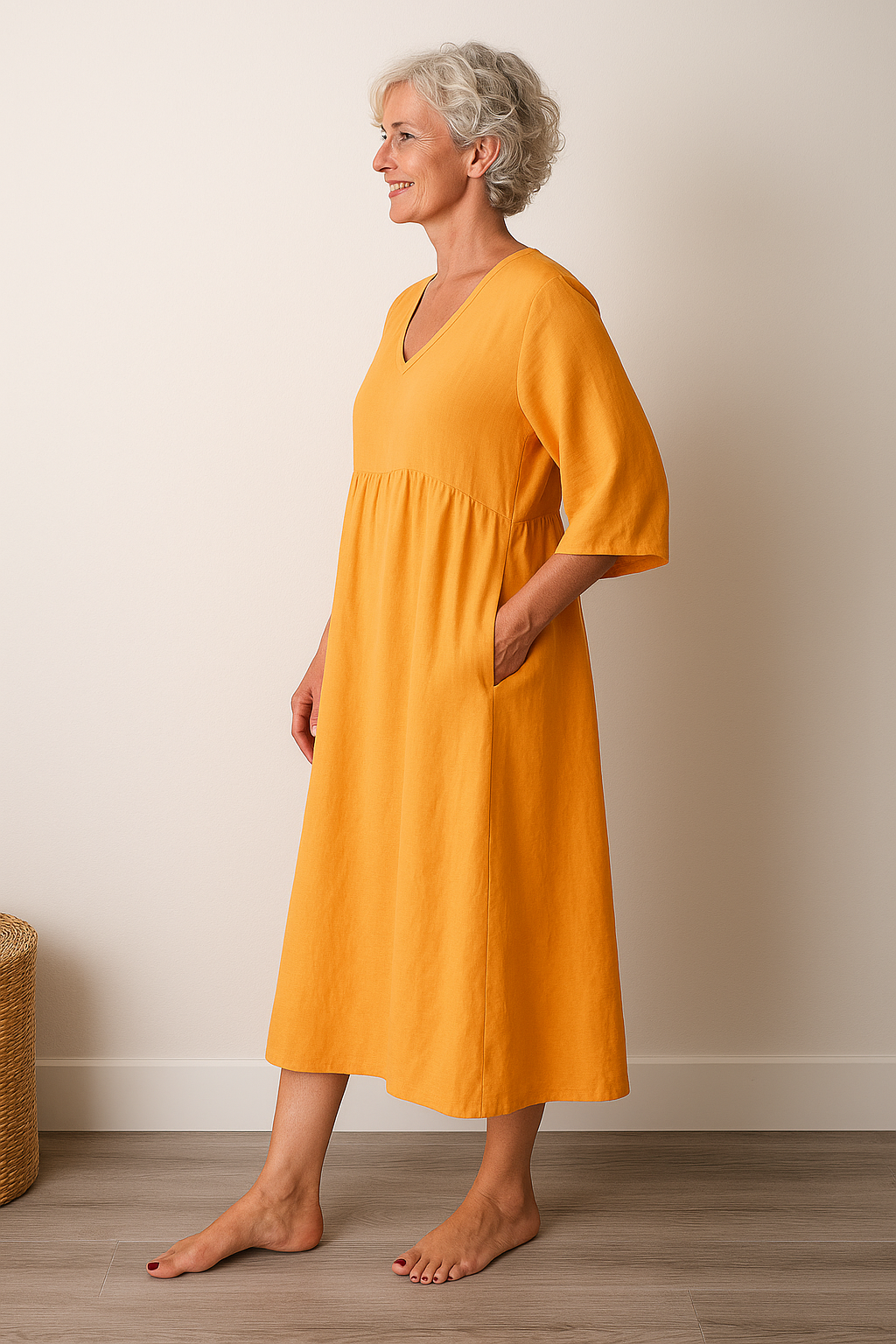 V-Neck Puff Sleeve Pocket A-Line Midi Dress 8