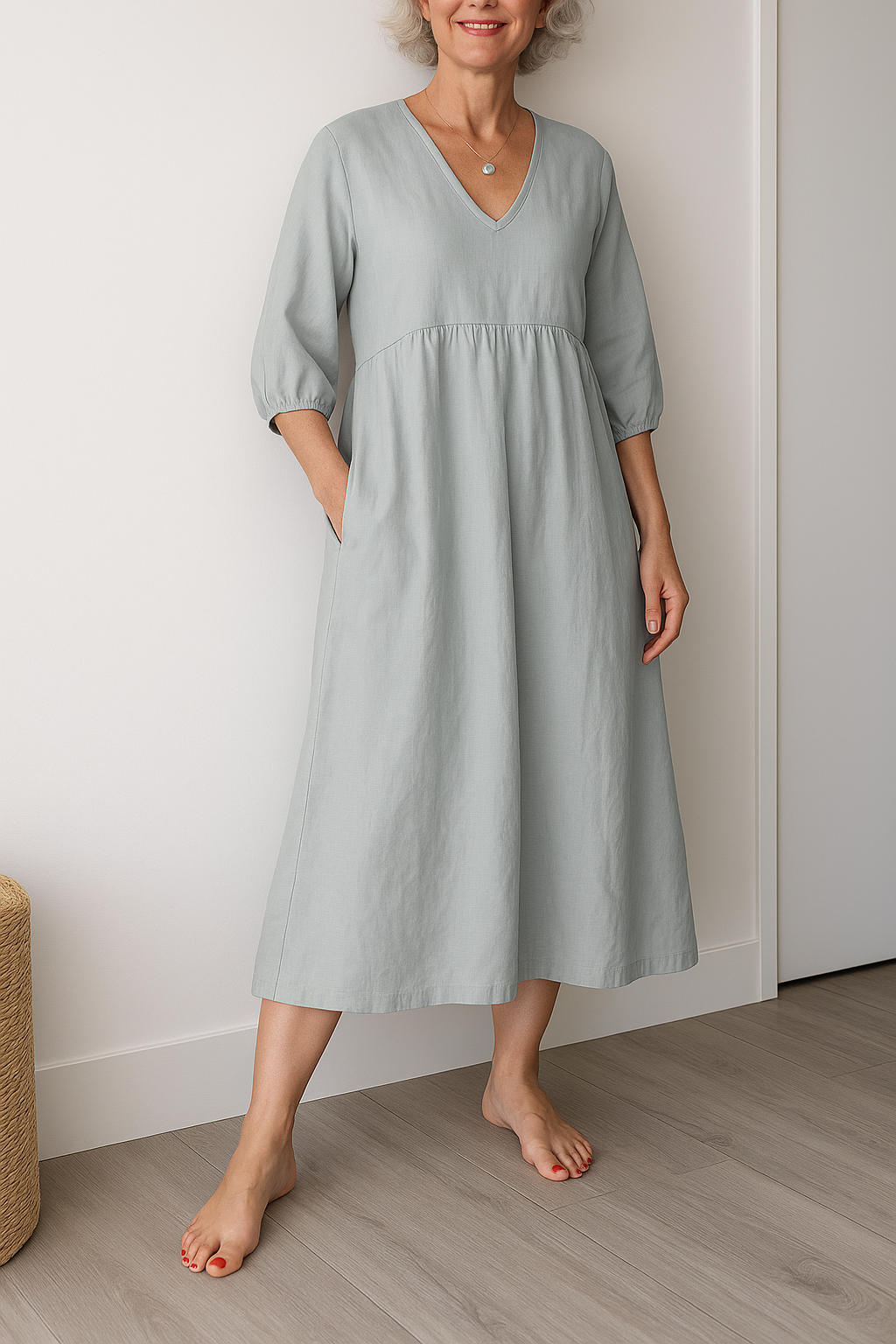 V-Neck Puff Sleeve Pocket A-Line Midi Dress 9