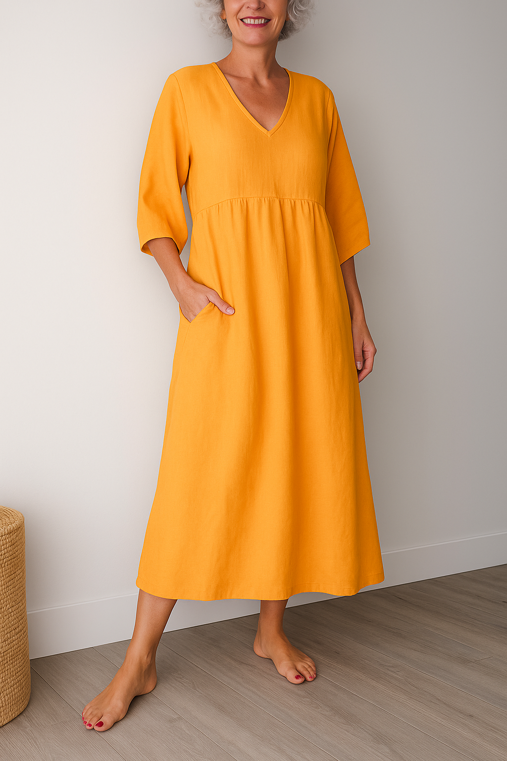 V-Neck Puff Sleeve Pocket A-Line Midi Dress 7